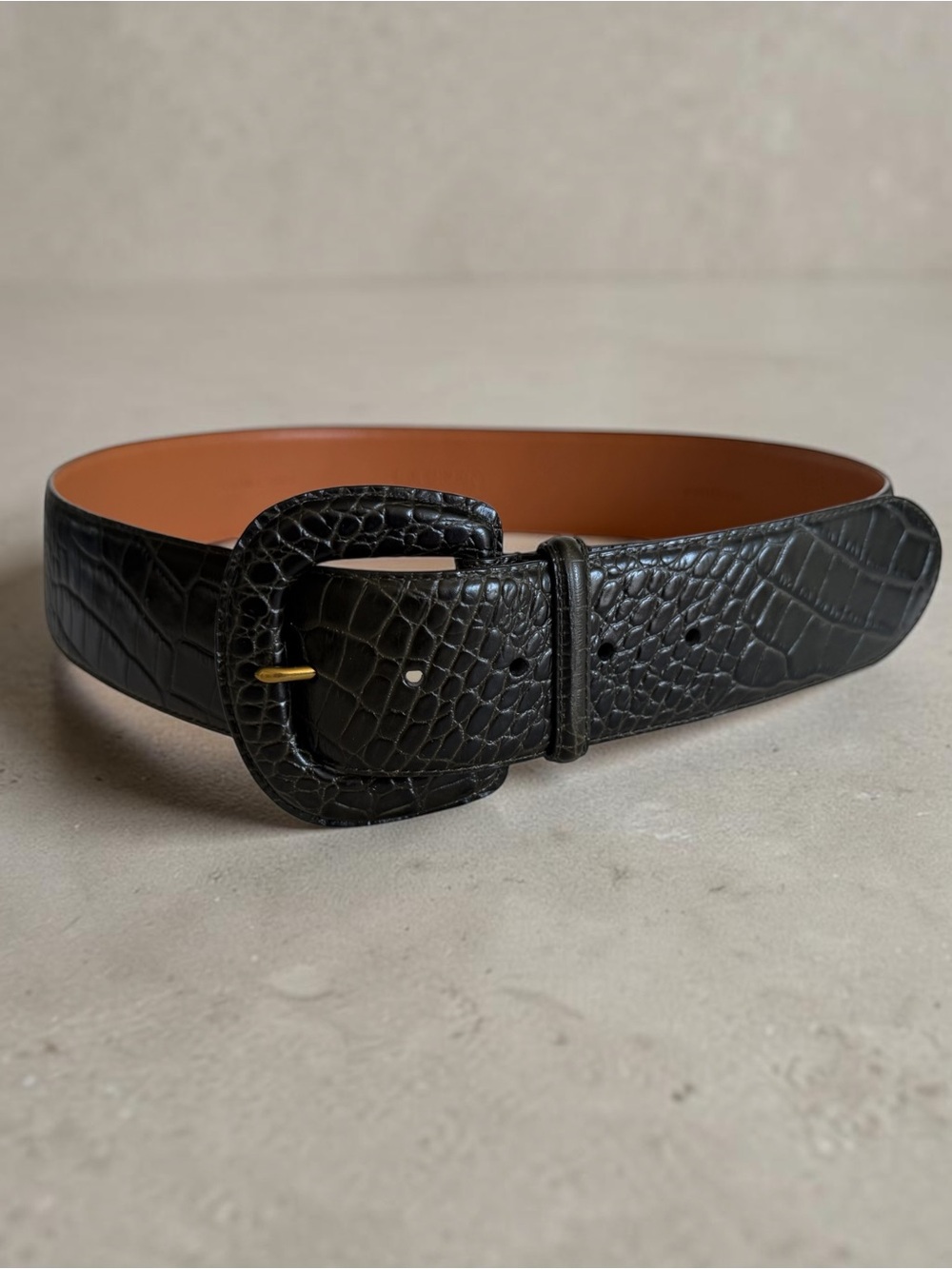 New! LAUREN RALPH LAUREN Dark Green Croc Embossed Genuine Leather Belt Size Larg